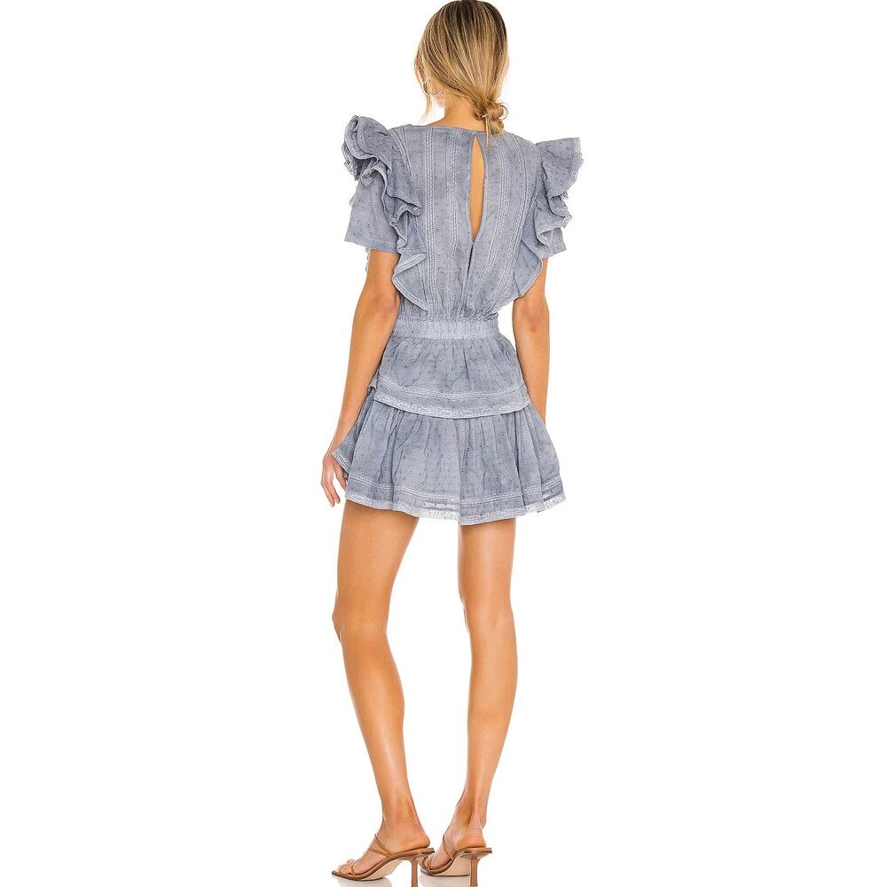 LoveShackFancy Natasha Mini Dress Washed Denim Blue Ruffle Sz Large - Picture 6 of 15